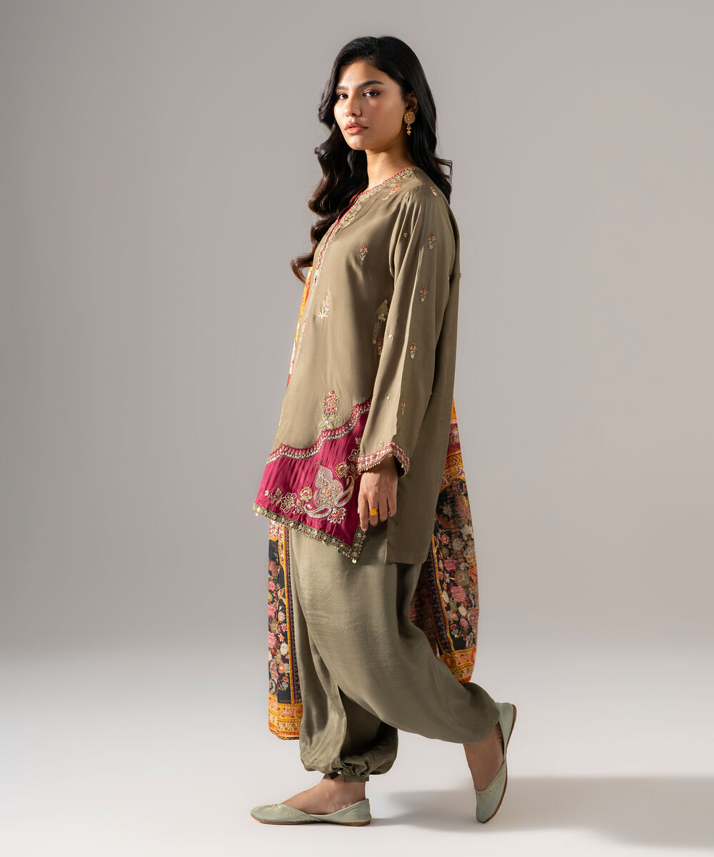 Women's RTW Bright Raw Silk Embroidered Green 3 Piece Suit