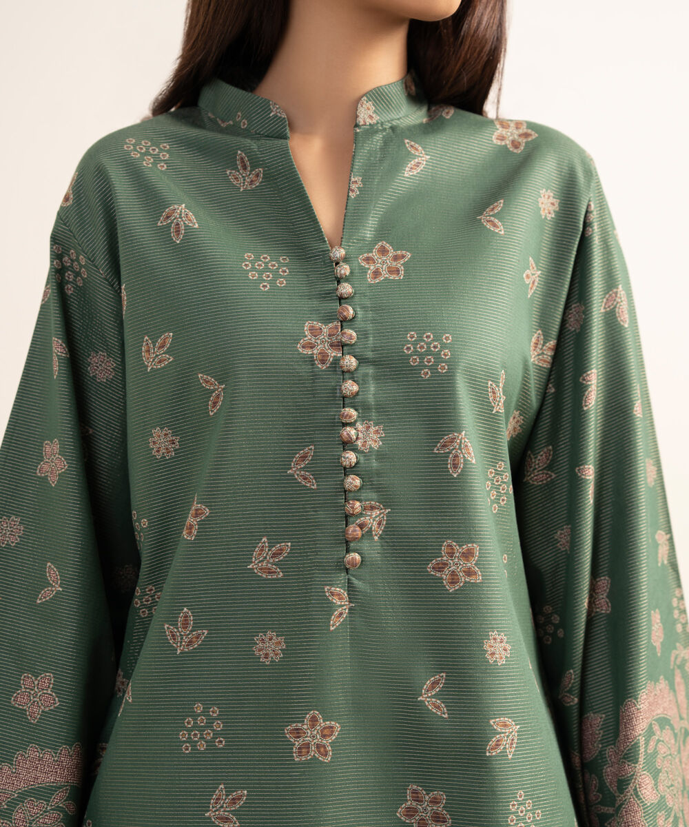Women's Unstitched Zari Lawn Printed Green 3 Piece Suit