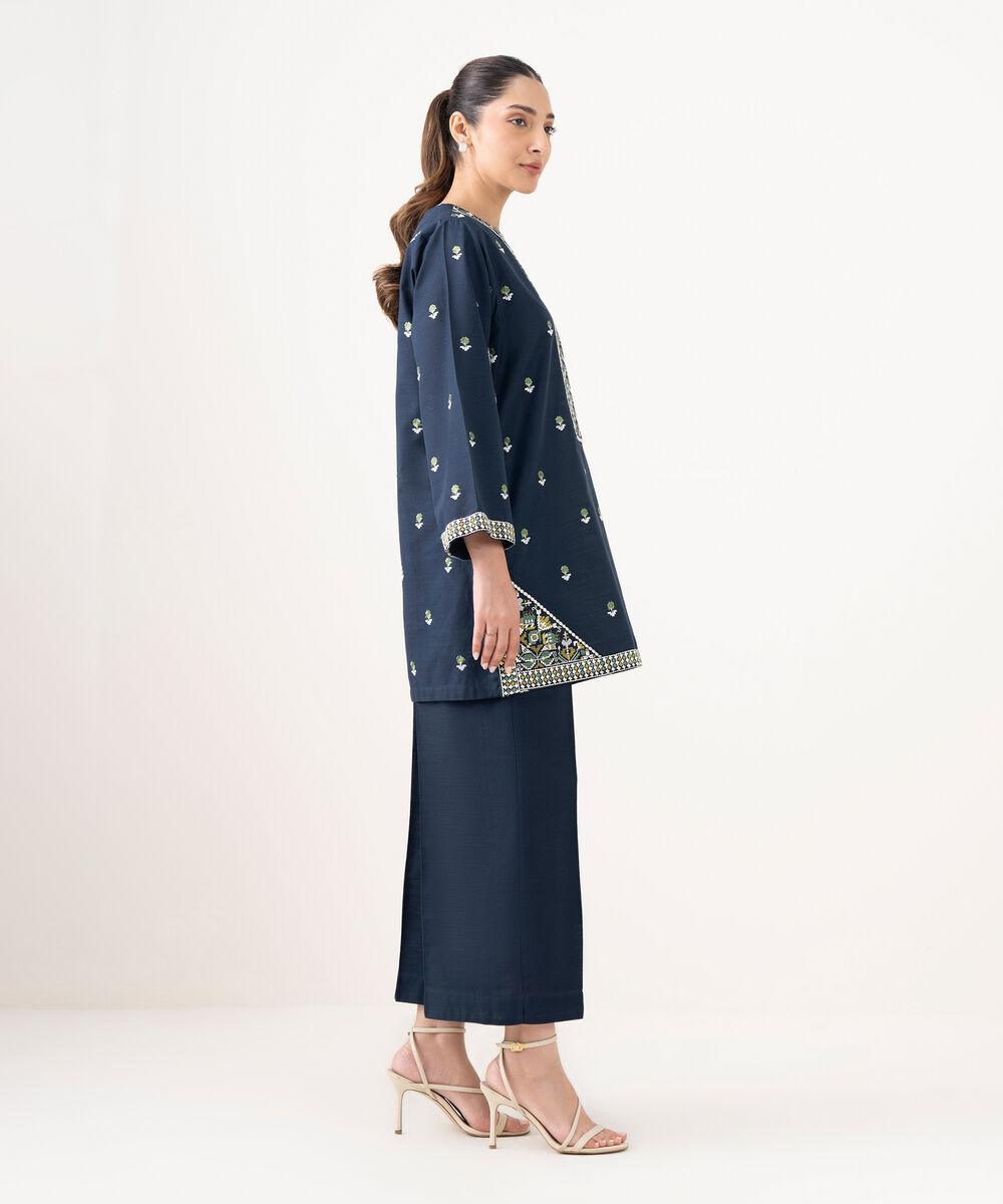 Women's RTW Light Khaddar Embroidered Blue Straight Shirt