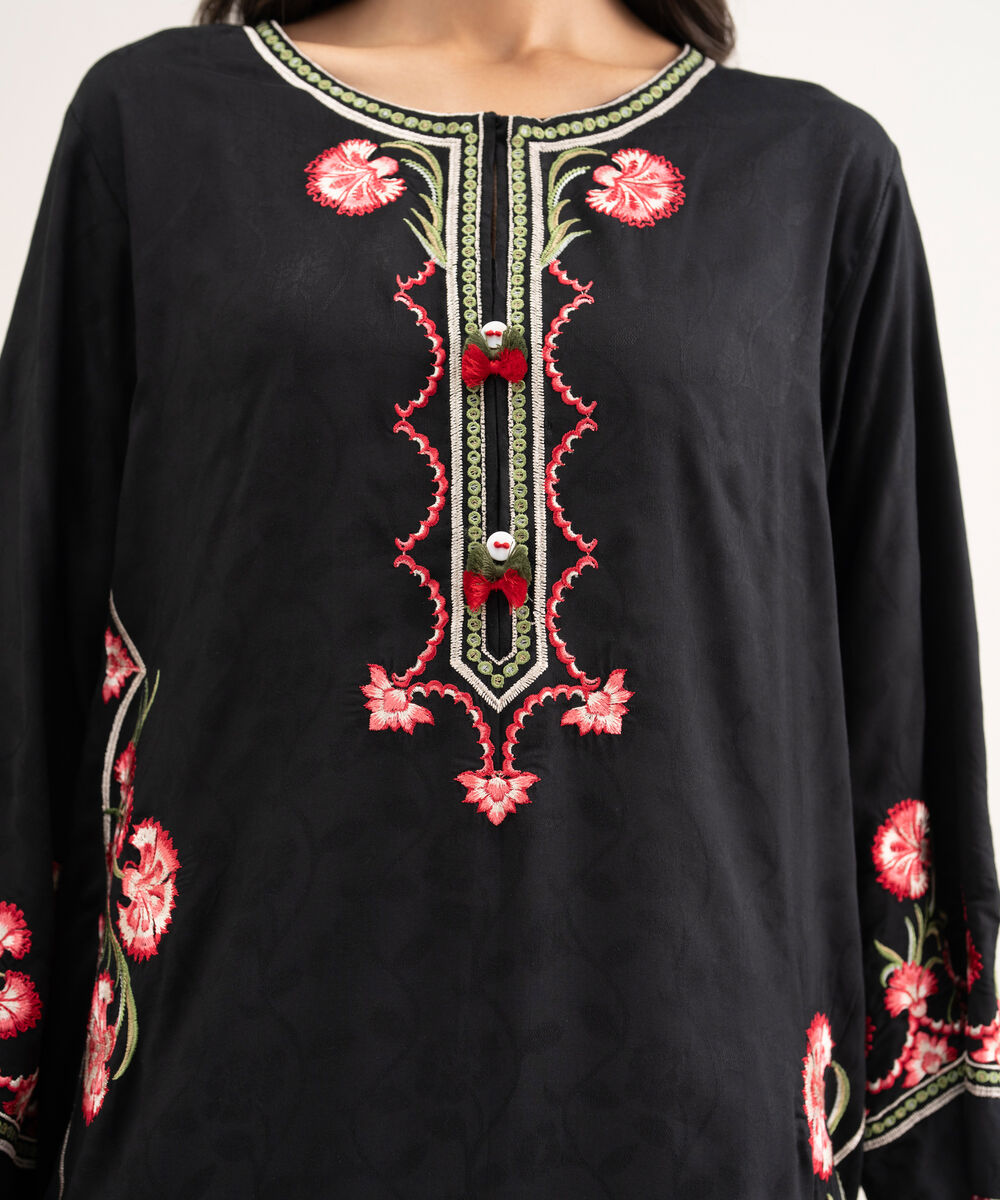 Women's RTW Arabic Self Jacquard Embroidered Black Straight Shirt