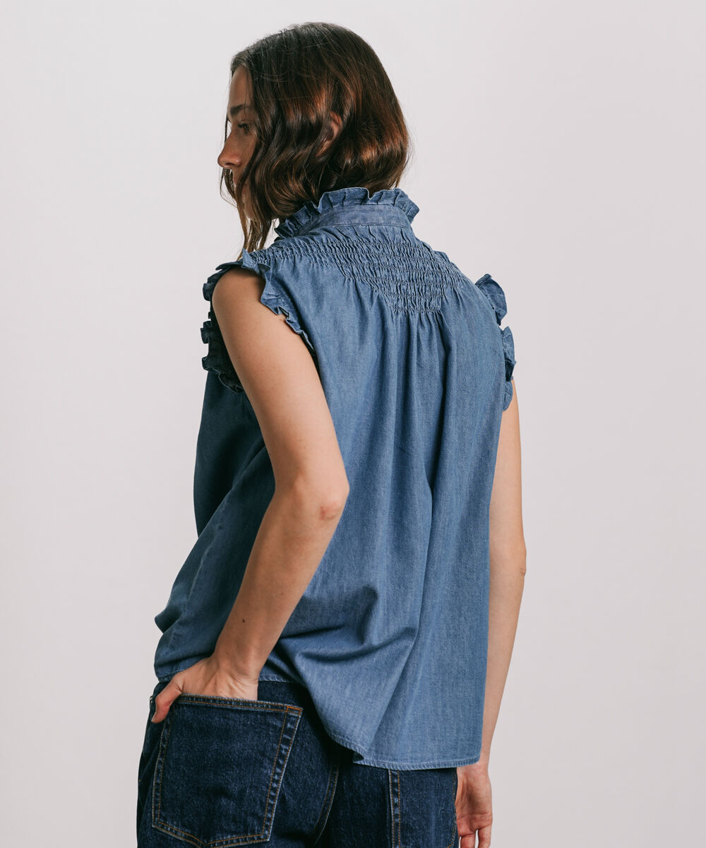 Women's Western Wear Blue Denim Frill Blouse