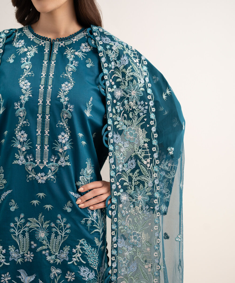 Women's Unstitched Fine Cotton Satin Embroidered Blue 3 Piece Suit