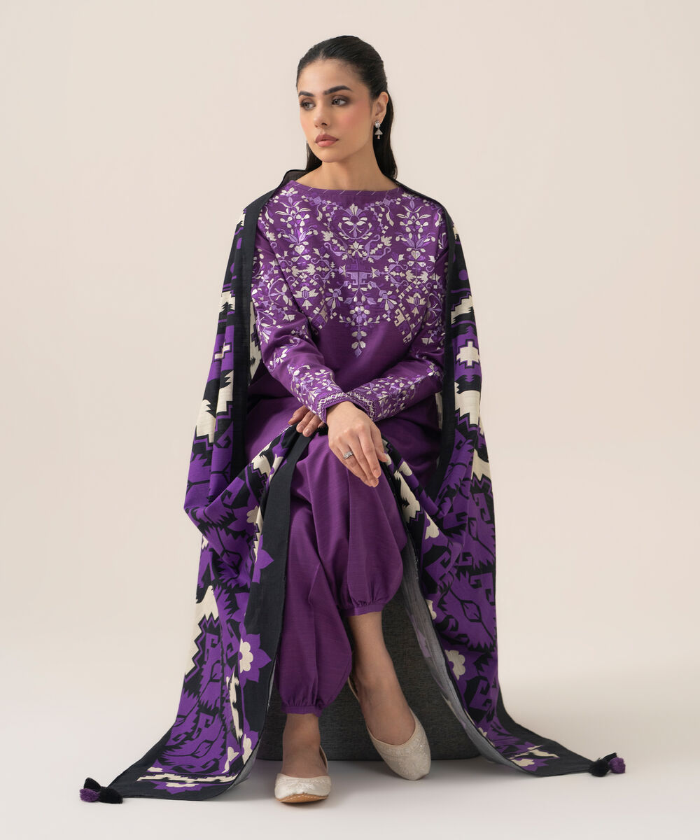 Women's Unstitched Premium Khaddar Embroidered Mauve 3 Piece Suit