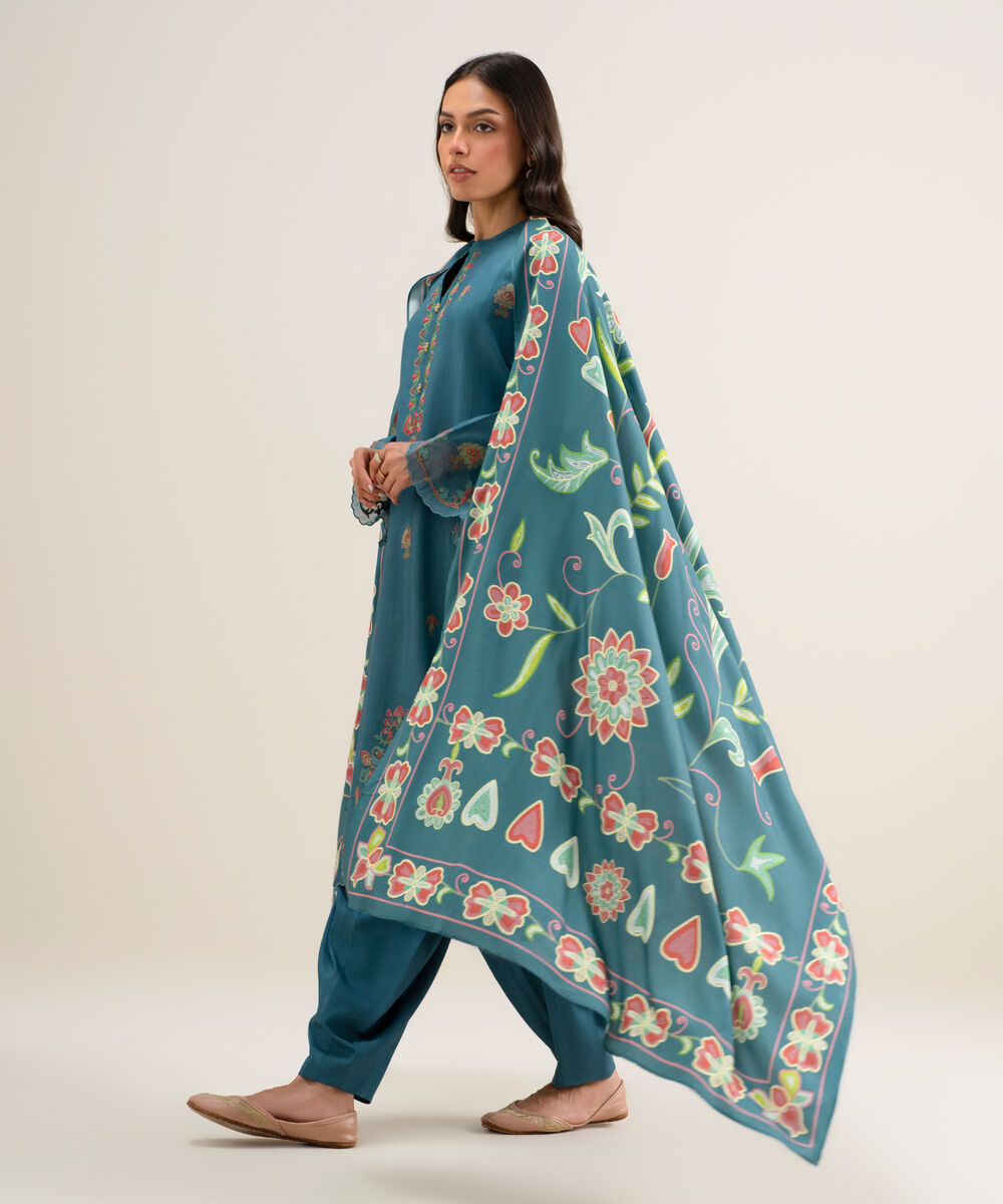 Women's Unstitched Embroidered Linen Teal Blue 3 Piece Suit