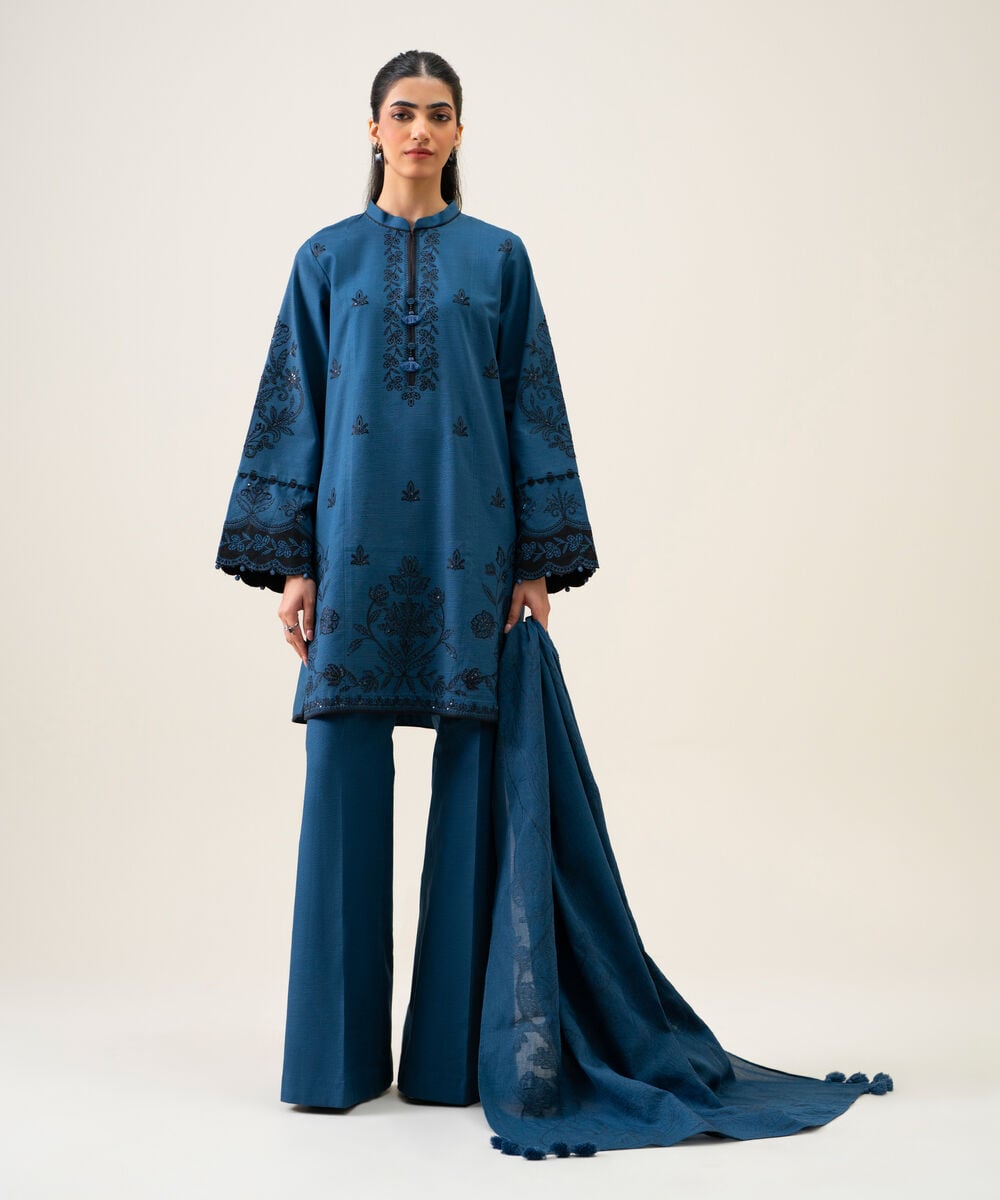 Women's Unstitched Light Khaddar Embroidered Navy Blue 3 Piece Suit
