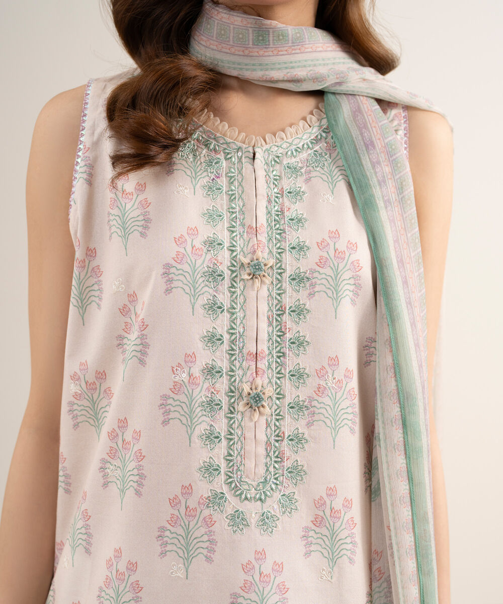 Women's Unstitched Lawn Embroidered Pink 3 Piece Suit