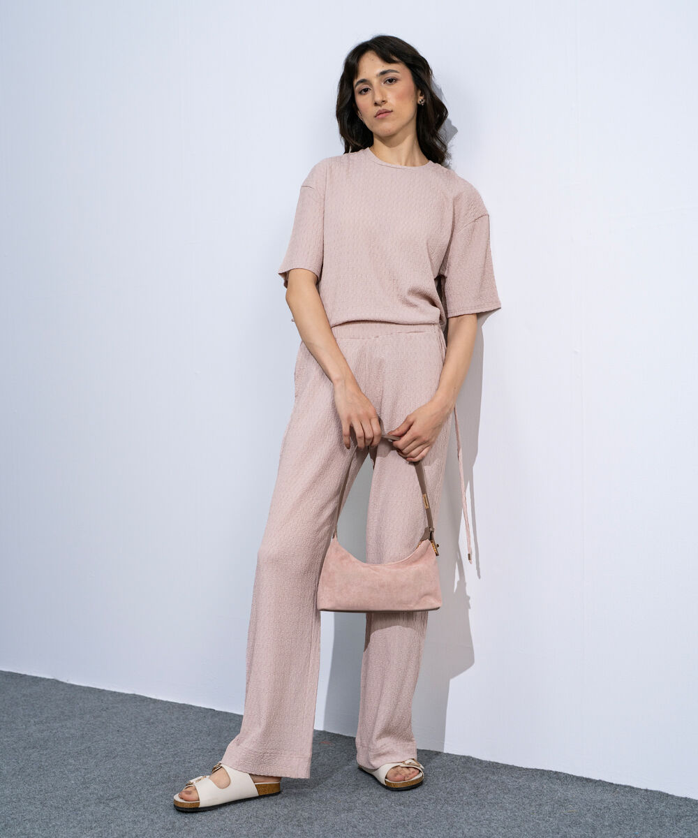 Women's Peach Pull-On  Textured Trousers With Tie Detail