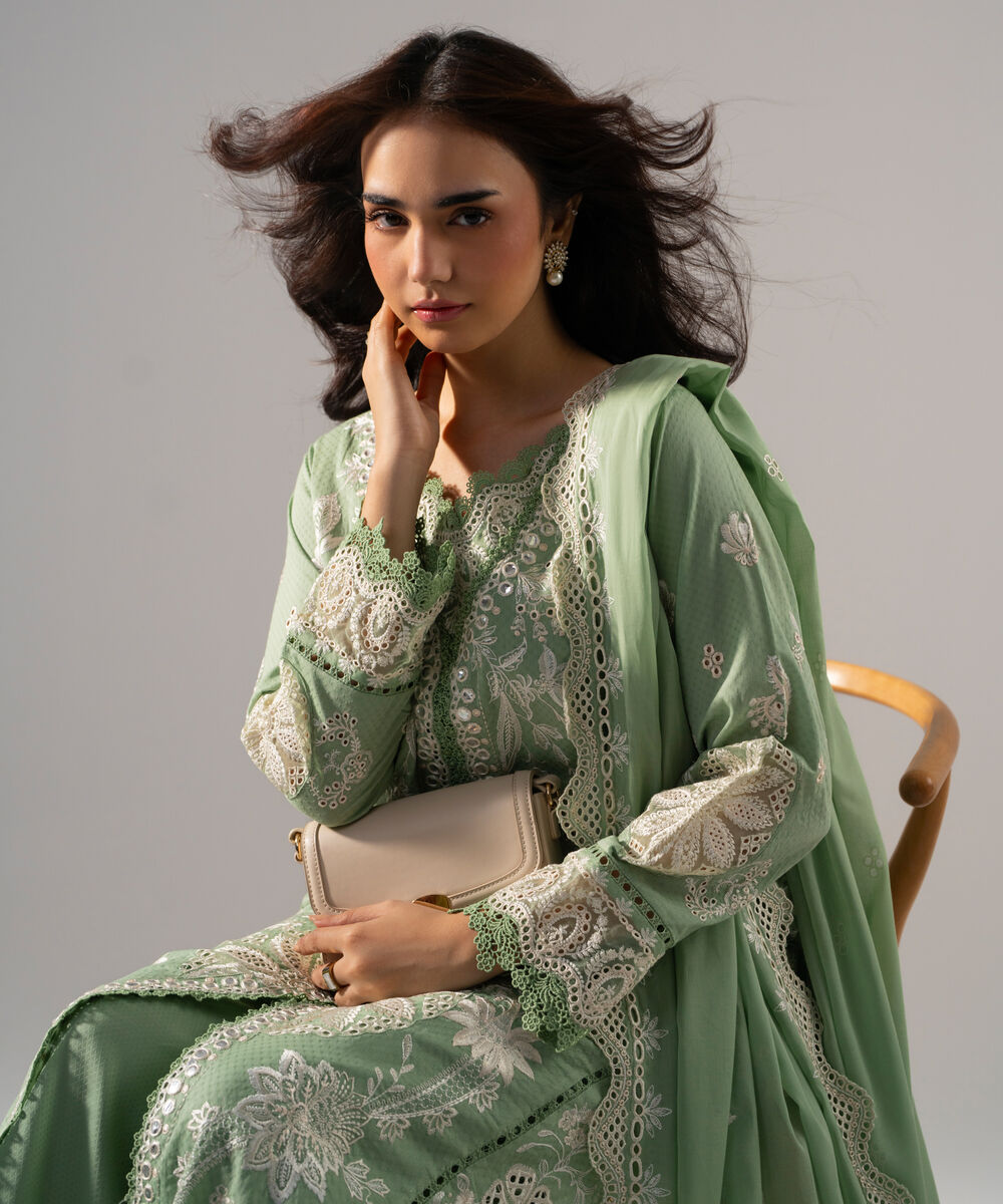 Women's RTW Dobby Solid Embroidered Green 3 Piece Suit