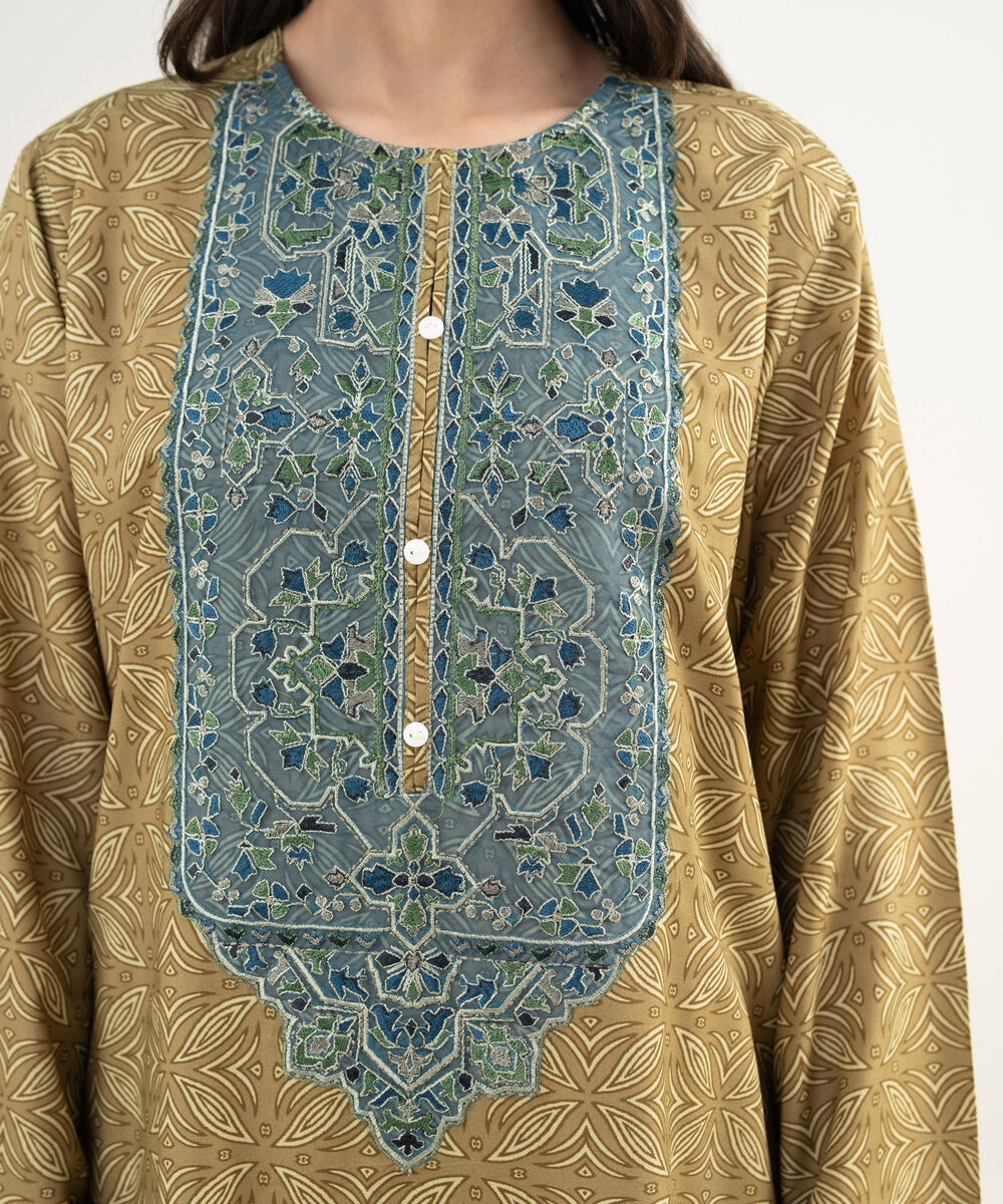 Women's RTW Arabic Cambric Embroidered Olive Green Straight Shirt