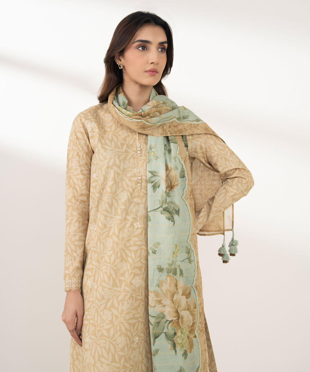 Women's Unstitched Zari Lawn Embroidered Beige 3 Piece Suit