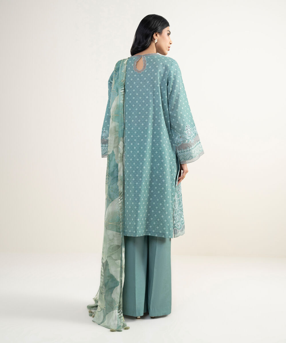 Women's Unstitched Cotton Jacquard Embroidered Green 3 Piece Suit
