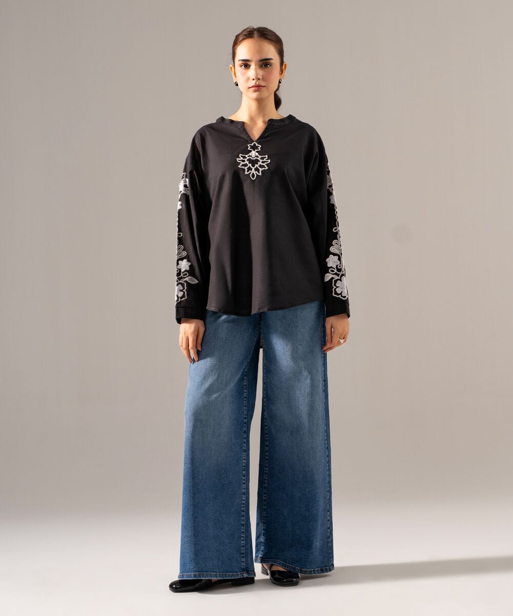 Women's RTW Khaddar Solid Embroidered Black Drop Shoulder Shirt