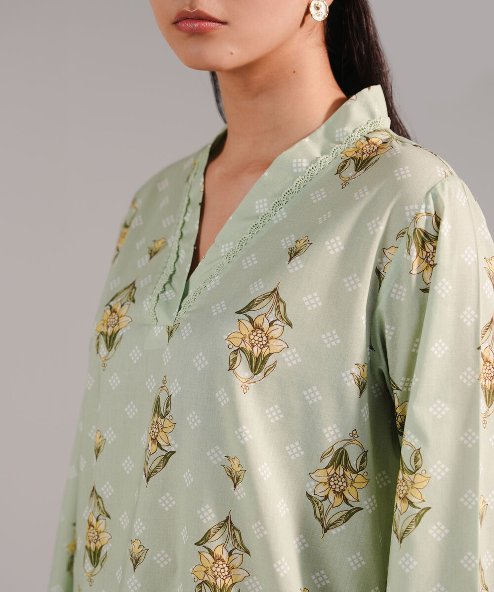 Women's RTW Lawn Printed Green Straight Shirt