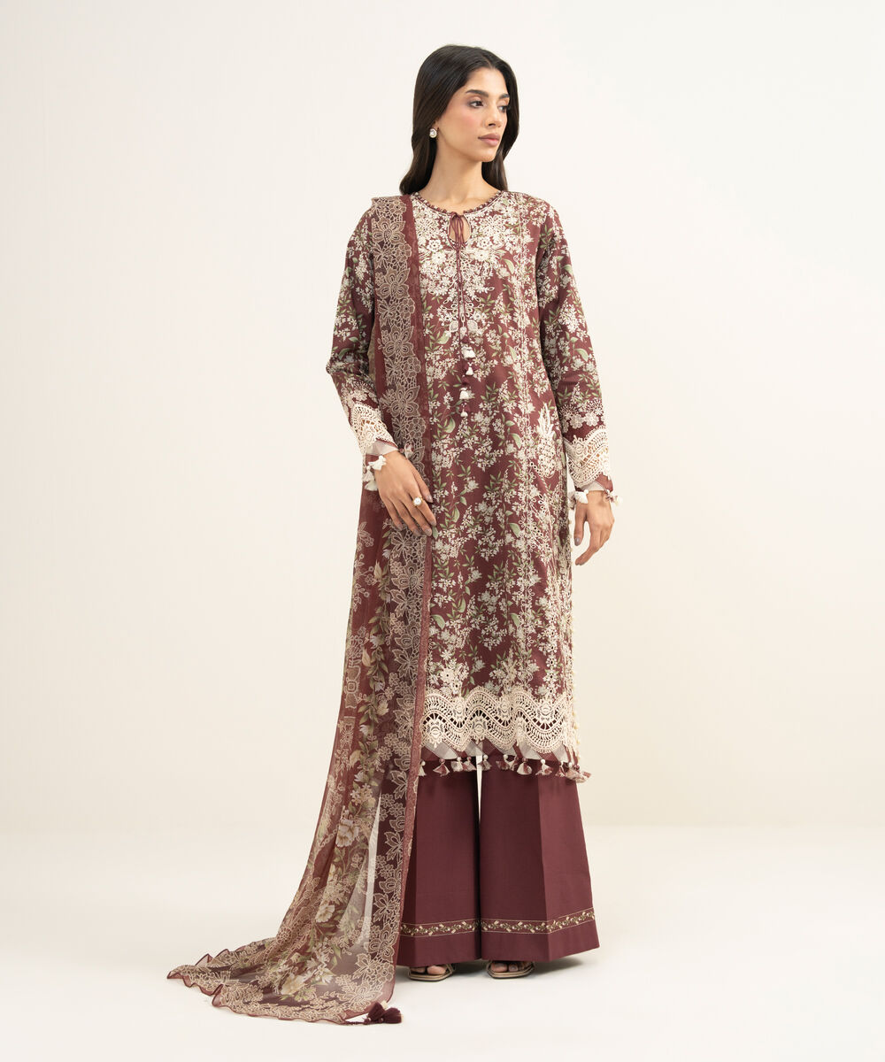 Women's Unstitched Lawn Embroidered Red 3 Piece Suit