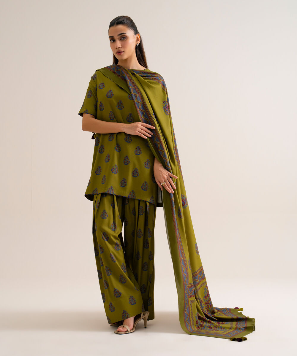 Women's Unstitched Viscose Linen Printed Olive Green 3 Piece Suit