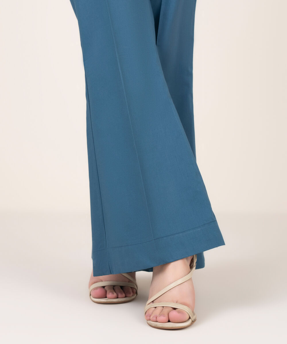 Women's RTW Cotton Solid Blue Boot Cut Pants
