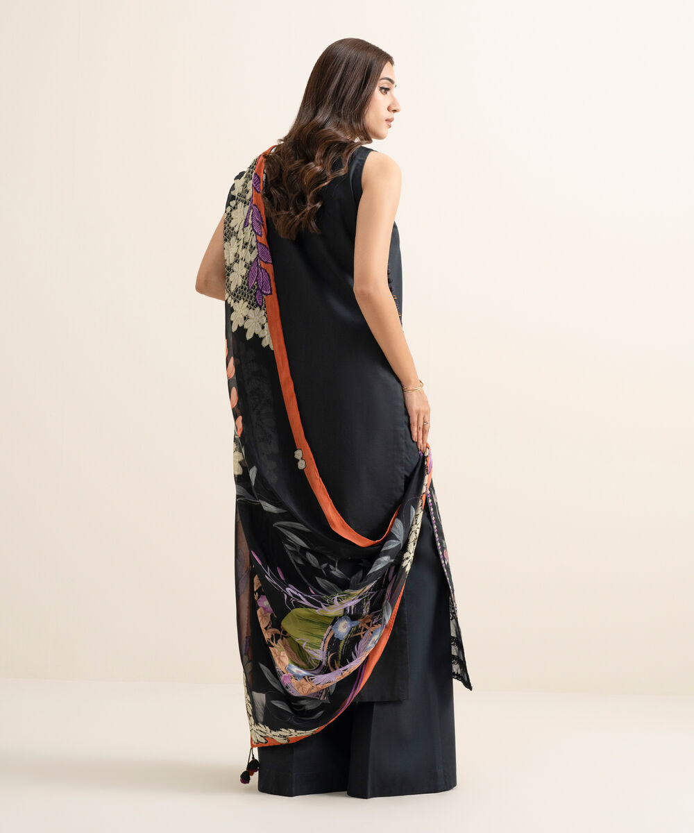 Women's Unstitched Textured Lawn Embroidered Black 3 Piece Suit