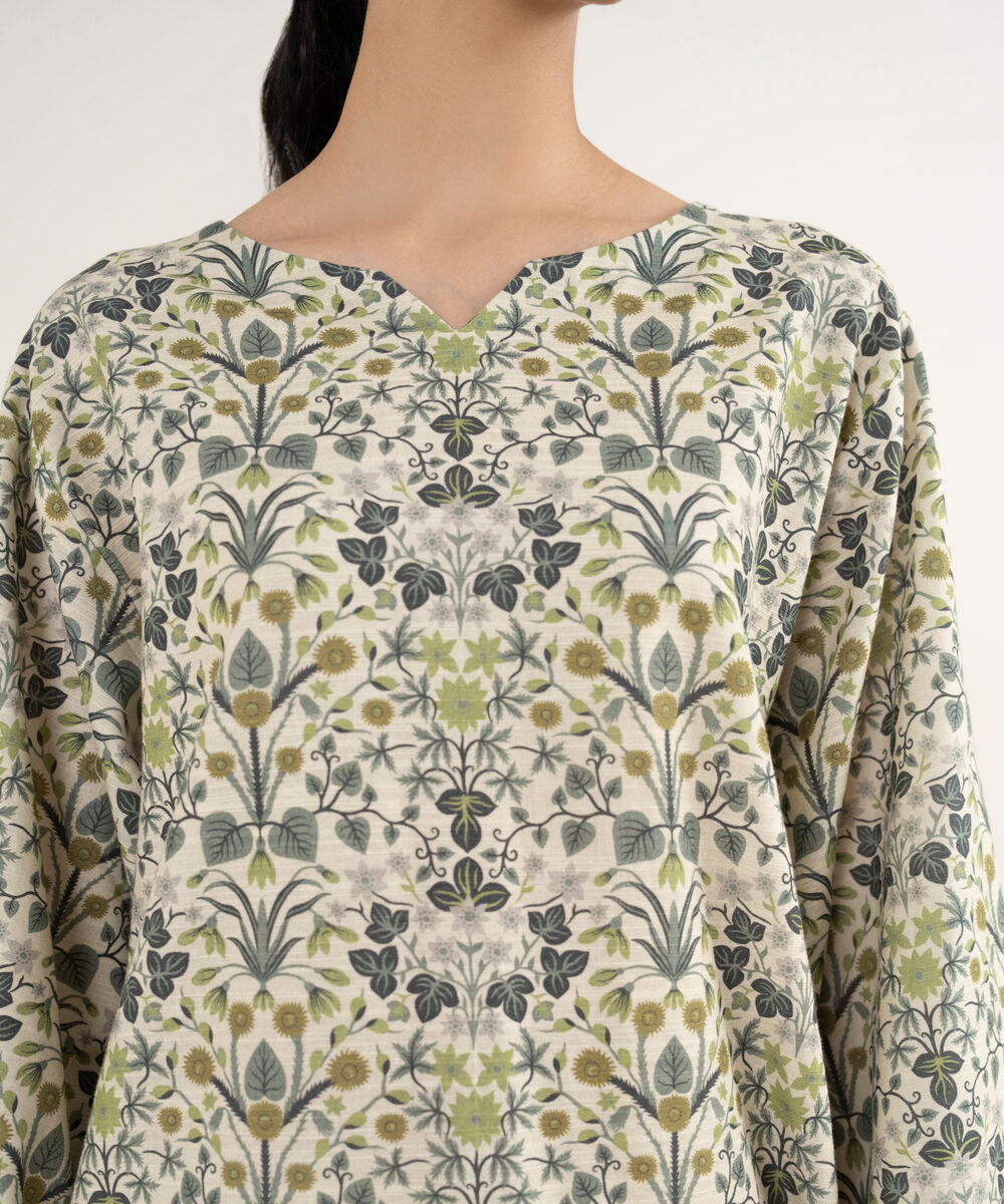 Women's Unstitched Printed Khaddar Off White and Grey 3 Piece Suit