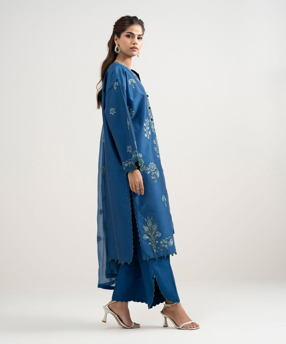 Women's Unstitched Silk Cotton Net Embroidered Blue 3 Piece Suit