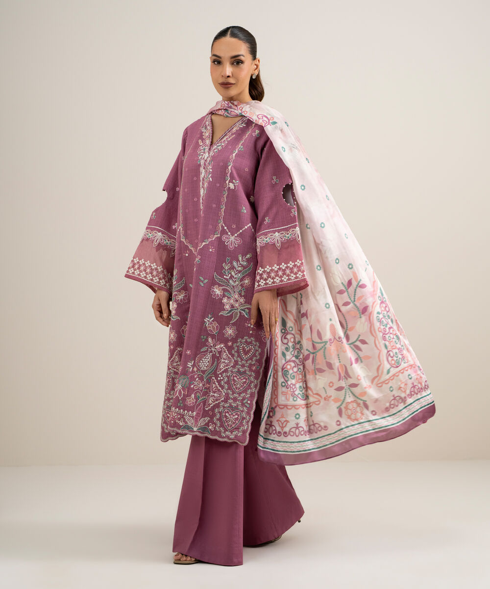 Women's Unstitched Dobby Embroidered Pink 3 Piece Suit