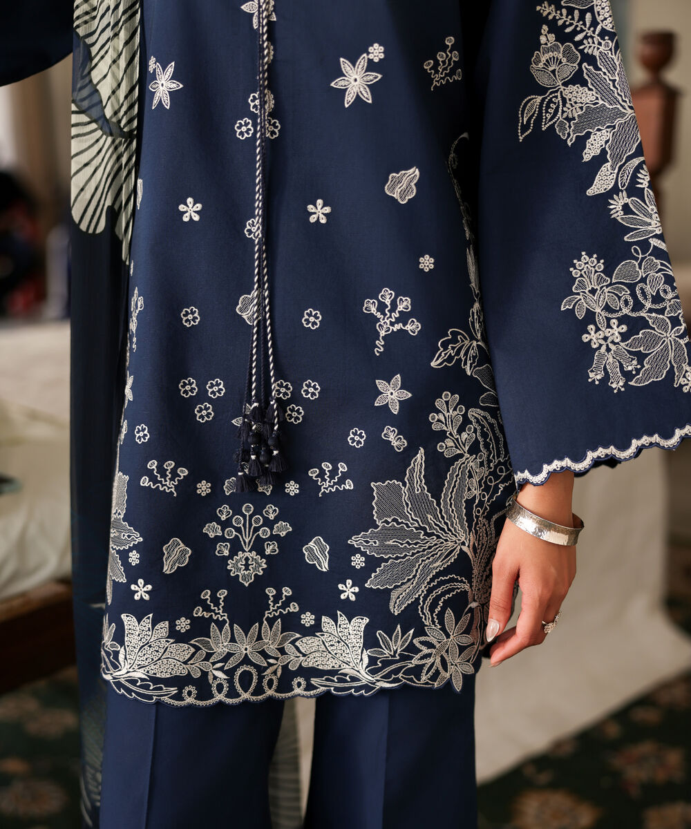 Women's Unstitched Textured Lawn Embroidered Blue 3 Piece Suit