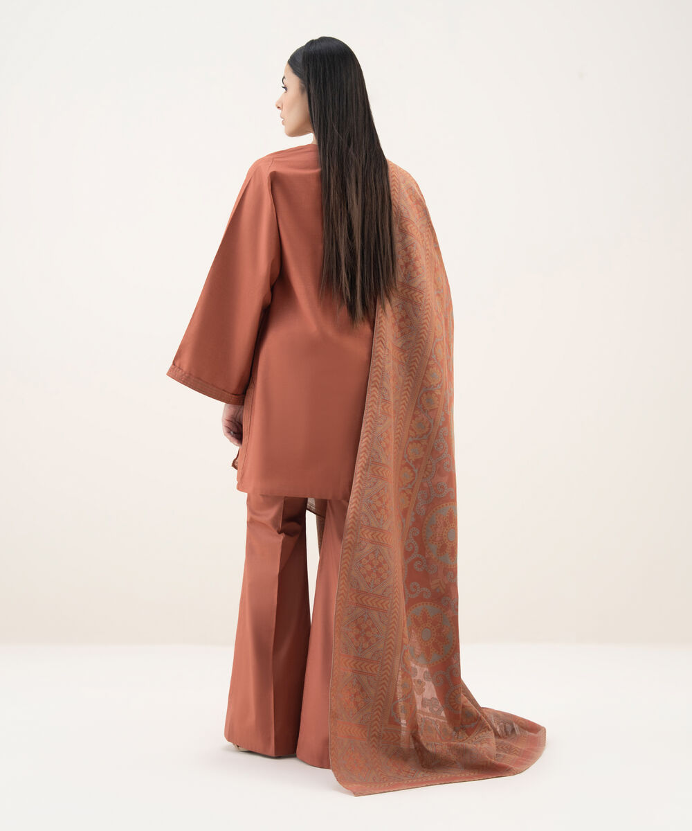 Women's Unstitched Cotton Embroidered Brown 3 Piece Suit