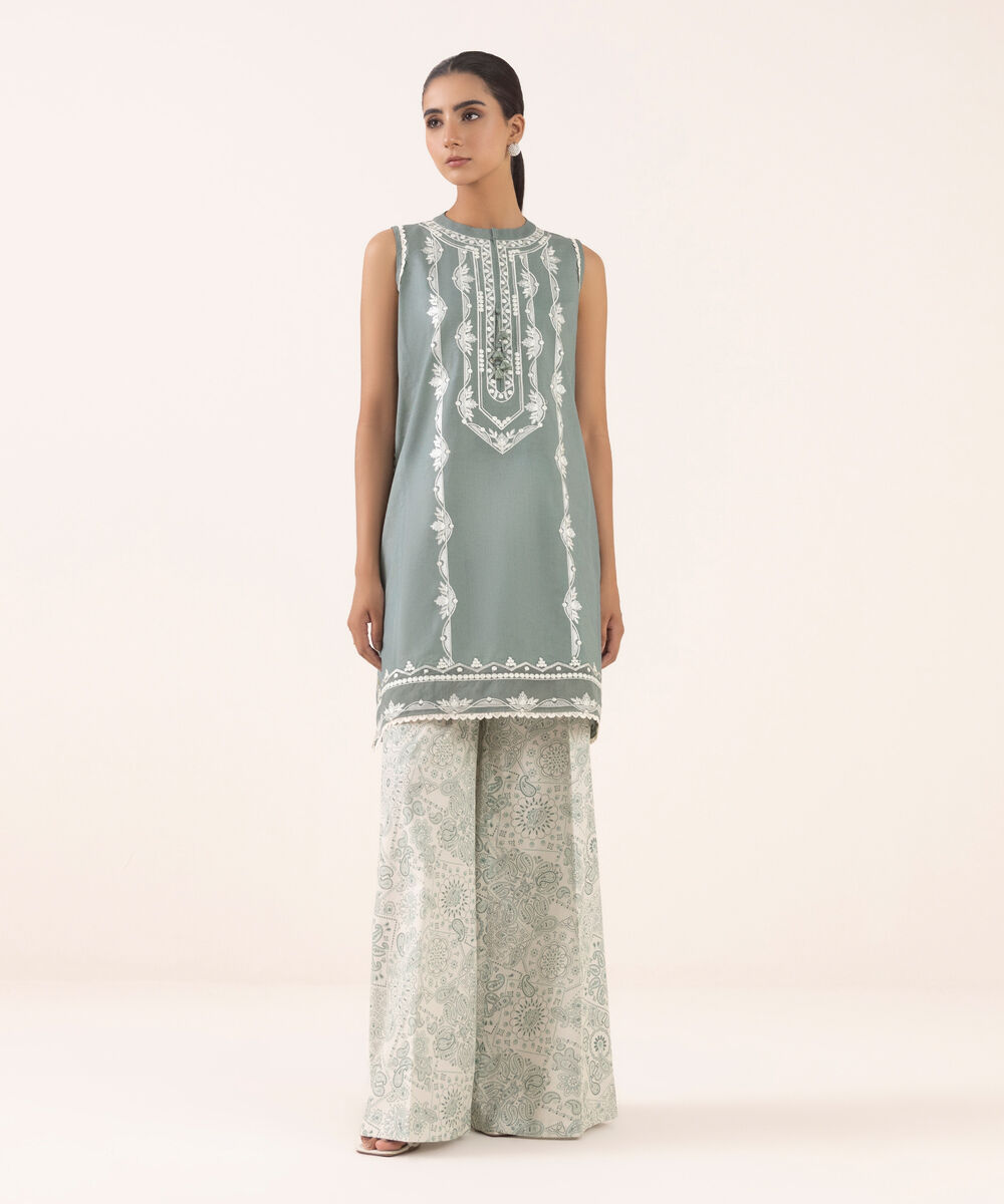 Women's Unstitched Cotton Embroidered Green Two Piece Suit