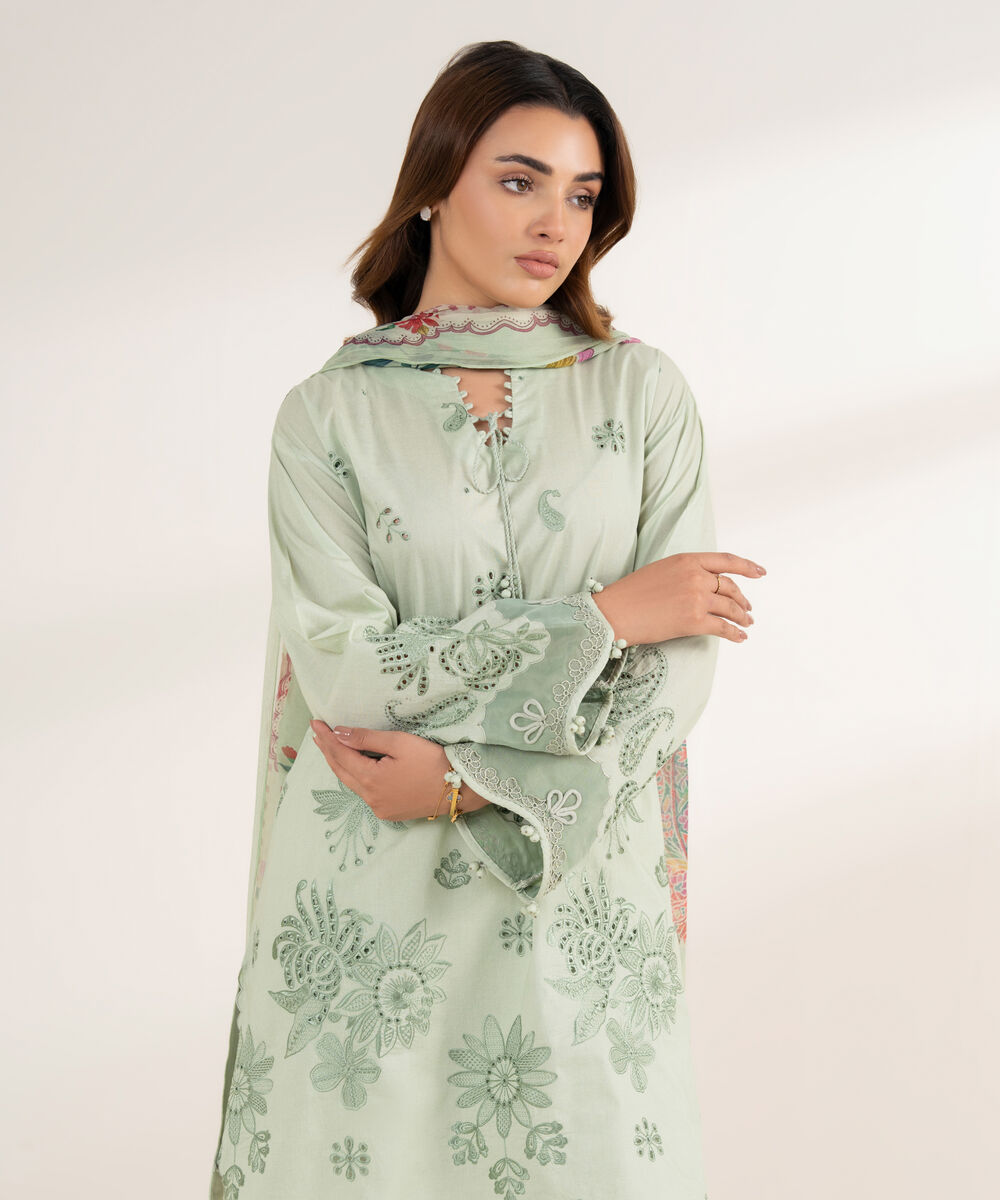Women's Unstitched Cotton Embroidered Green 3 Piece Suit