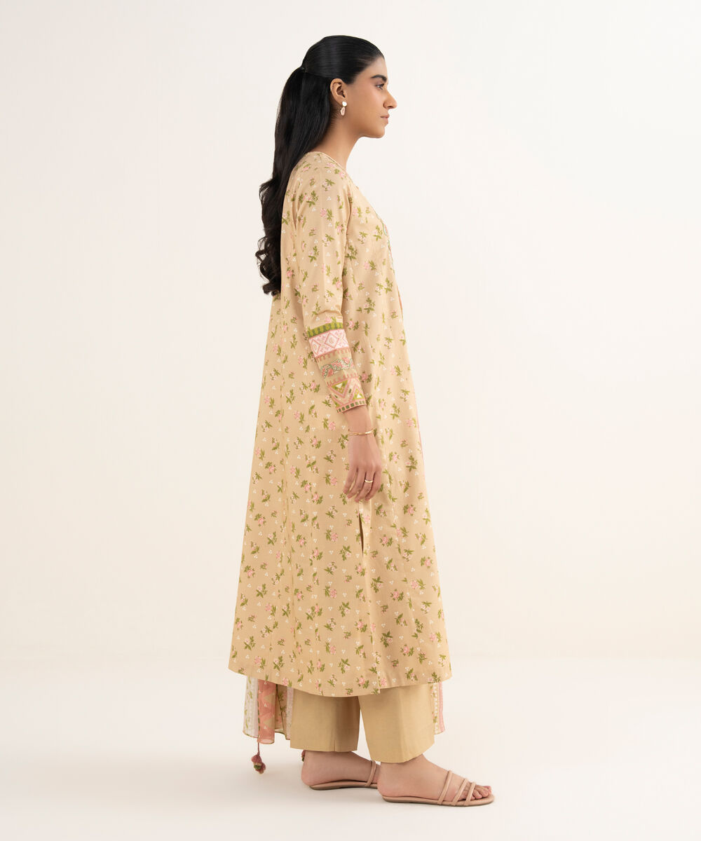 Women's Unstitched Textured Lawn Embroidered Beige 3 Piece Suit