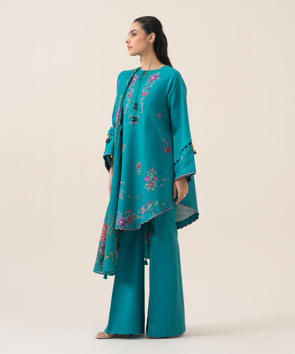Women's Unstitched Lawn Embroidered Turquoise 3 Piece Suit