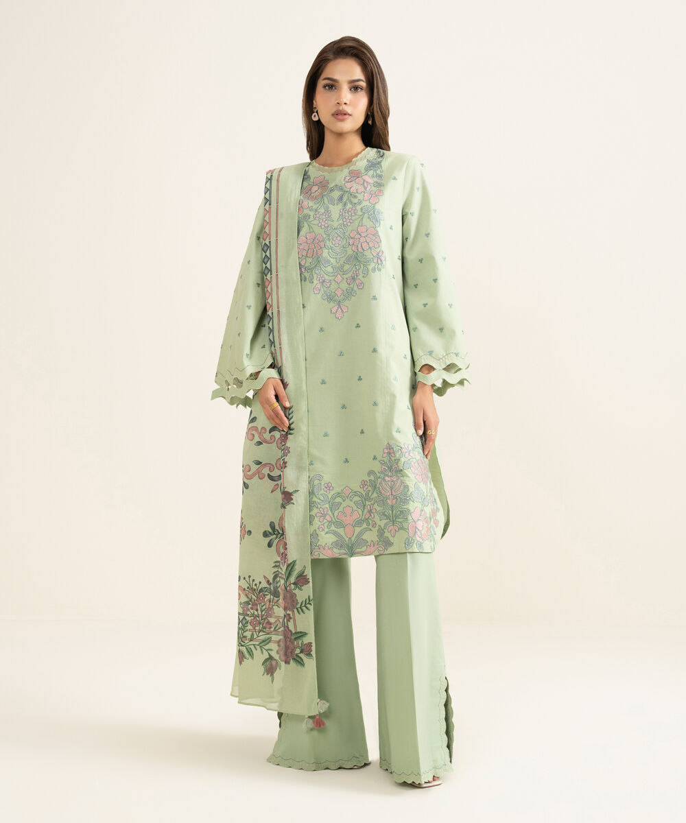 Women's Unstitched Textured Lawn Embroidered Green 3 Piece Suit
