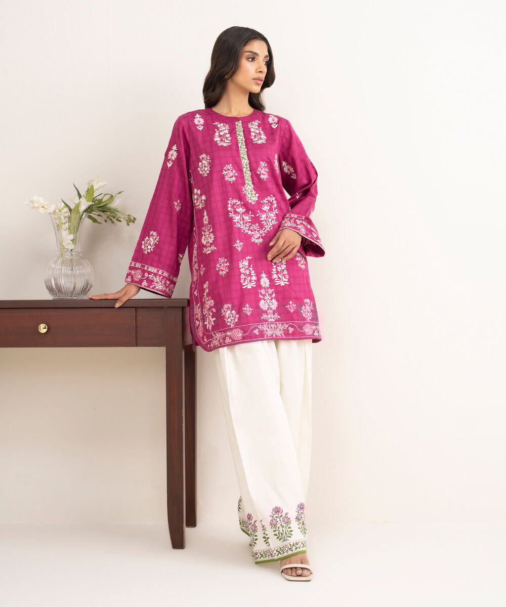 Women's RTW Dobby Embroidered Pink Straight Shirt