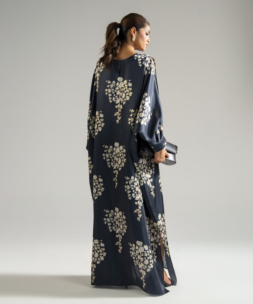 Women's RTW Blended Satin Printed Dark Blue Kaftan