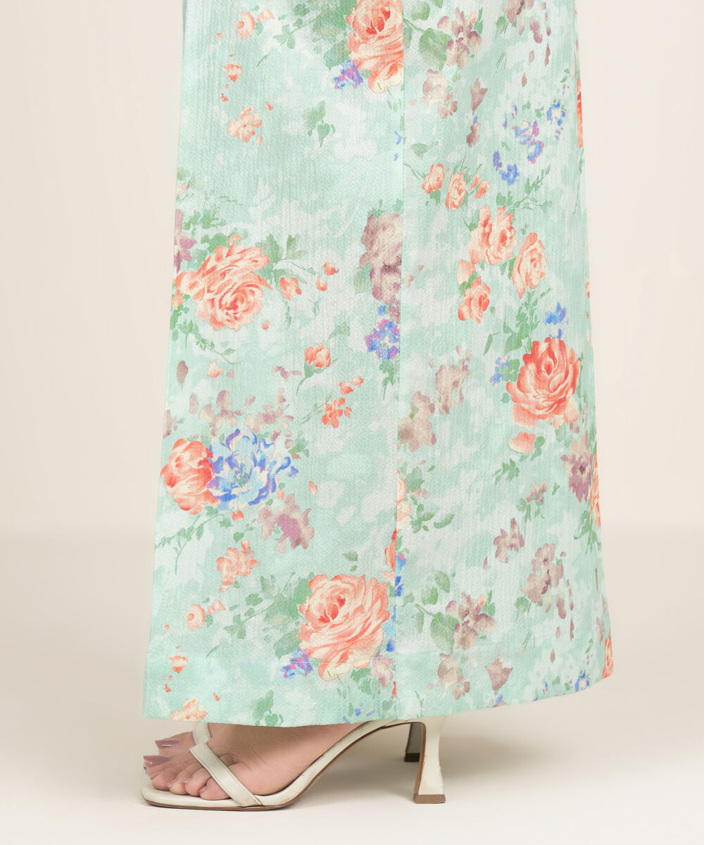 Women's RTW Seersucker Printed Turquoise Flared Pants