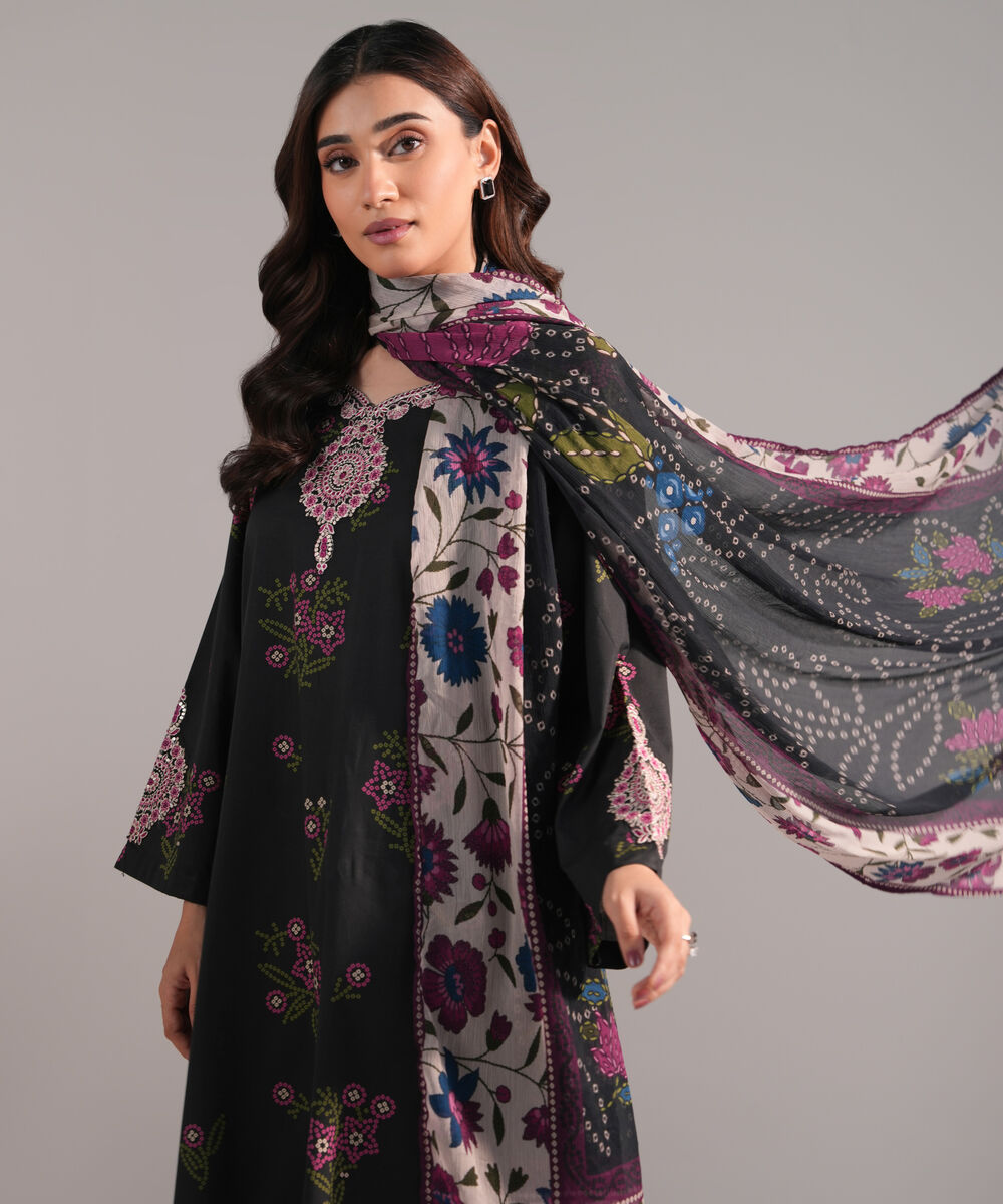 Women's RTW Cambric Embroidered Black 3 Piece Suit