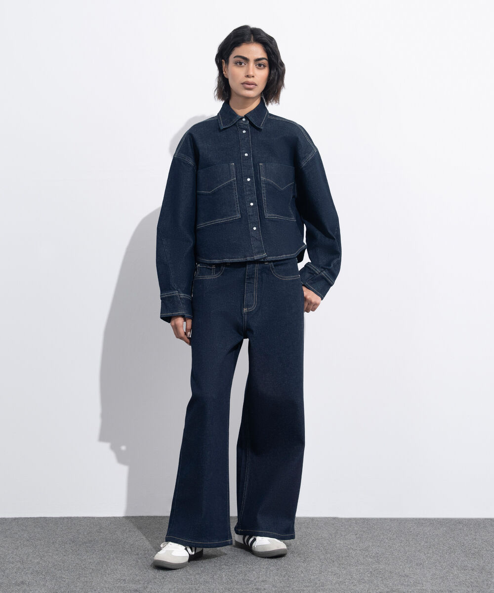 Women's Western Wear Blue Rinse Wash Denim Cropped Jacket