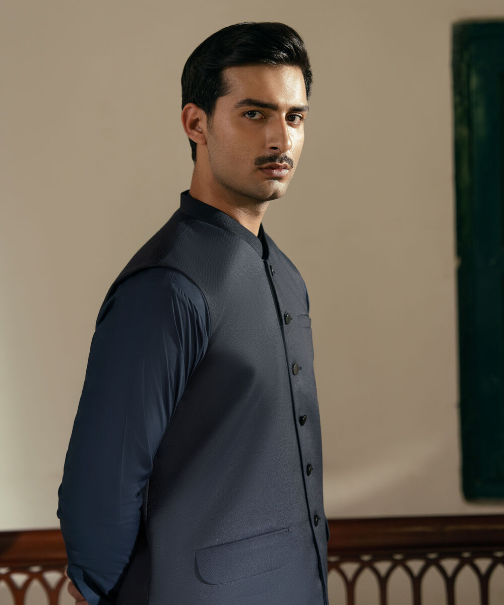 Men's Stitched Tropical Suiting Blue Waistcoat