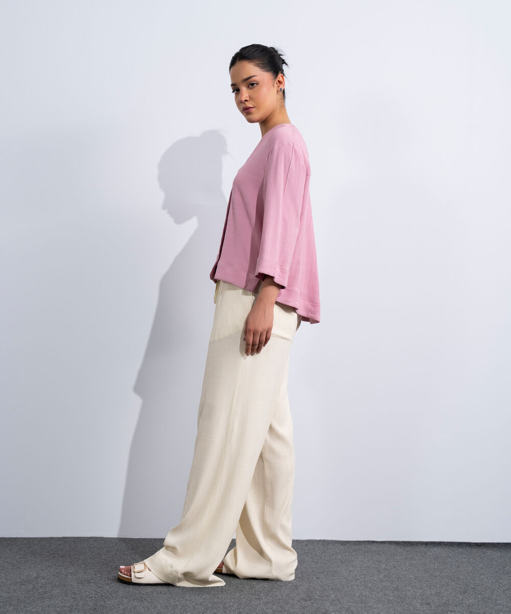 Women's Western Pink V-Neck Seersucker Shirt