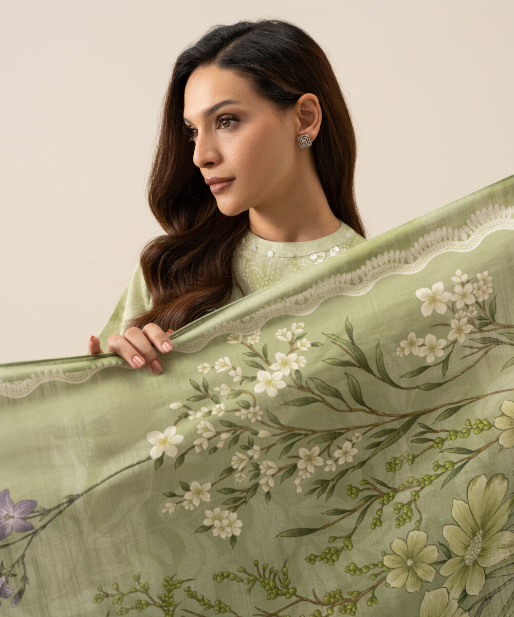Women's Unstitched Light Khaddar Embroidered Green 3 Piece Suit