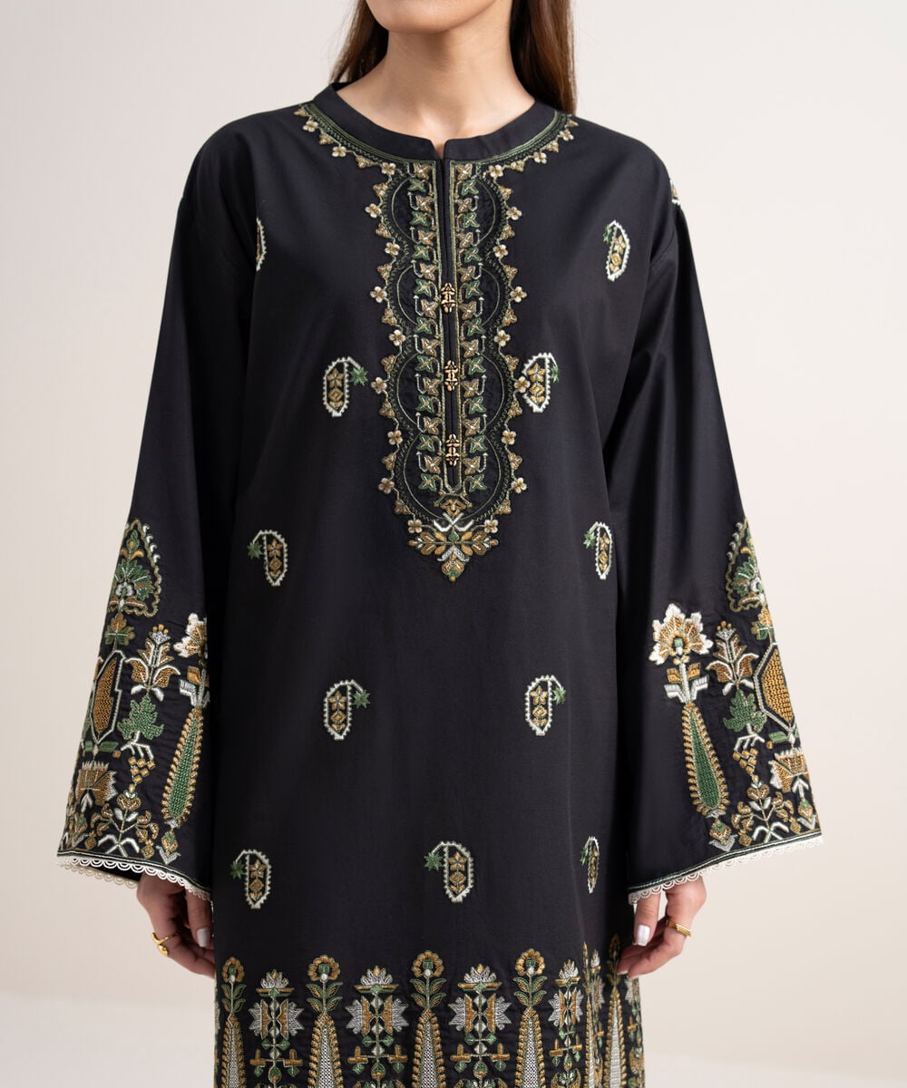 Women's Unstitched Dobby Embroidered Black 3 Piece Suit