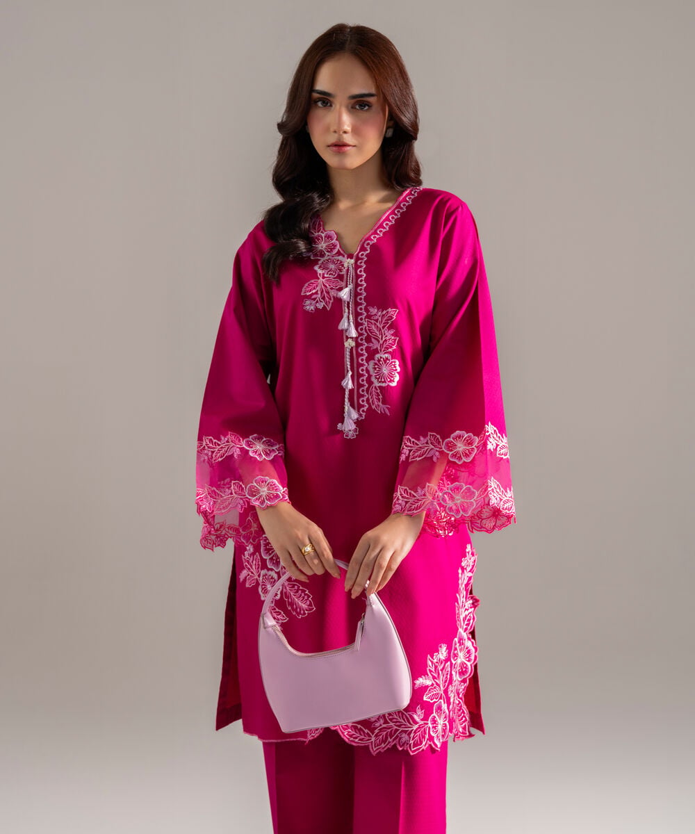 Women's RTW Dobby Solid Embroidered Pink Straight Shirt