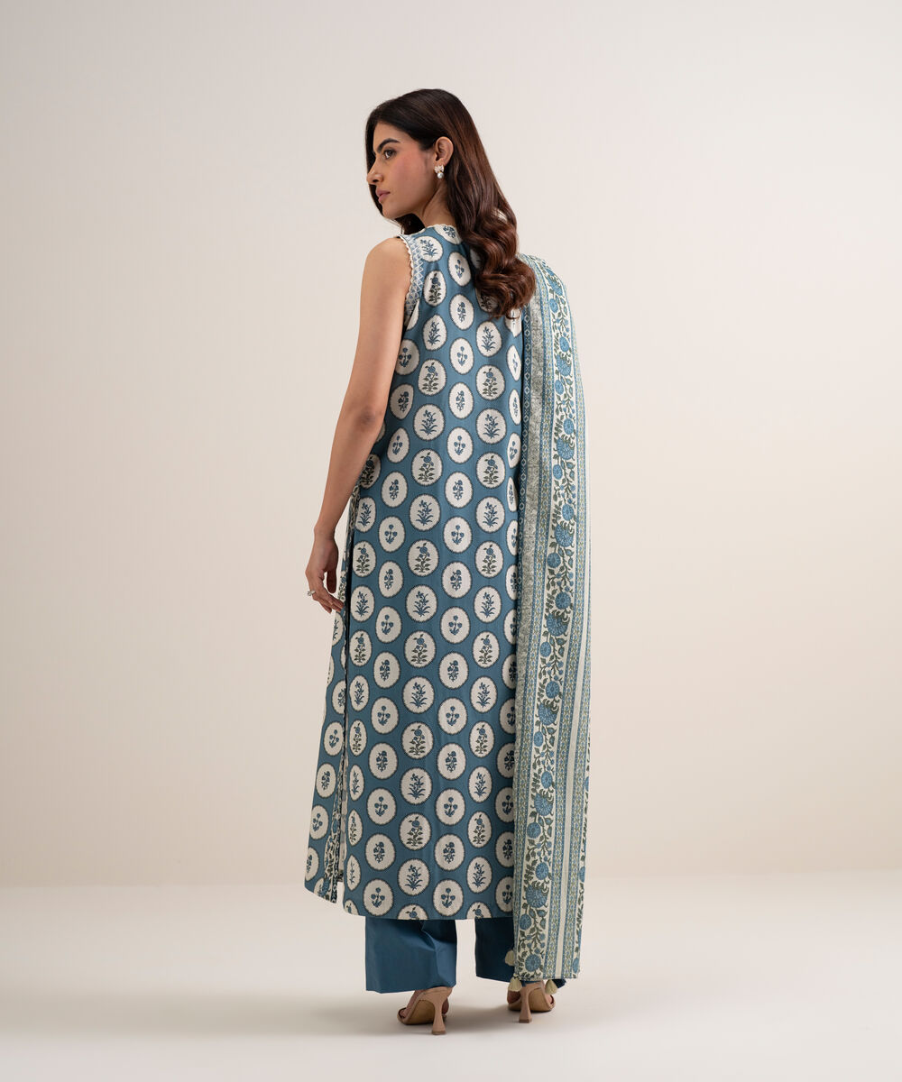Women's Unstitched Lawn Embroidered Off White and Blue 3 Piece Suit