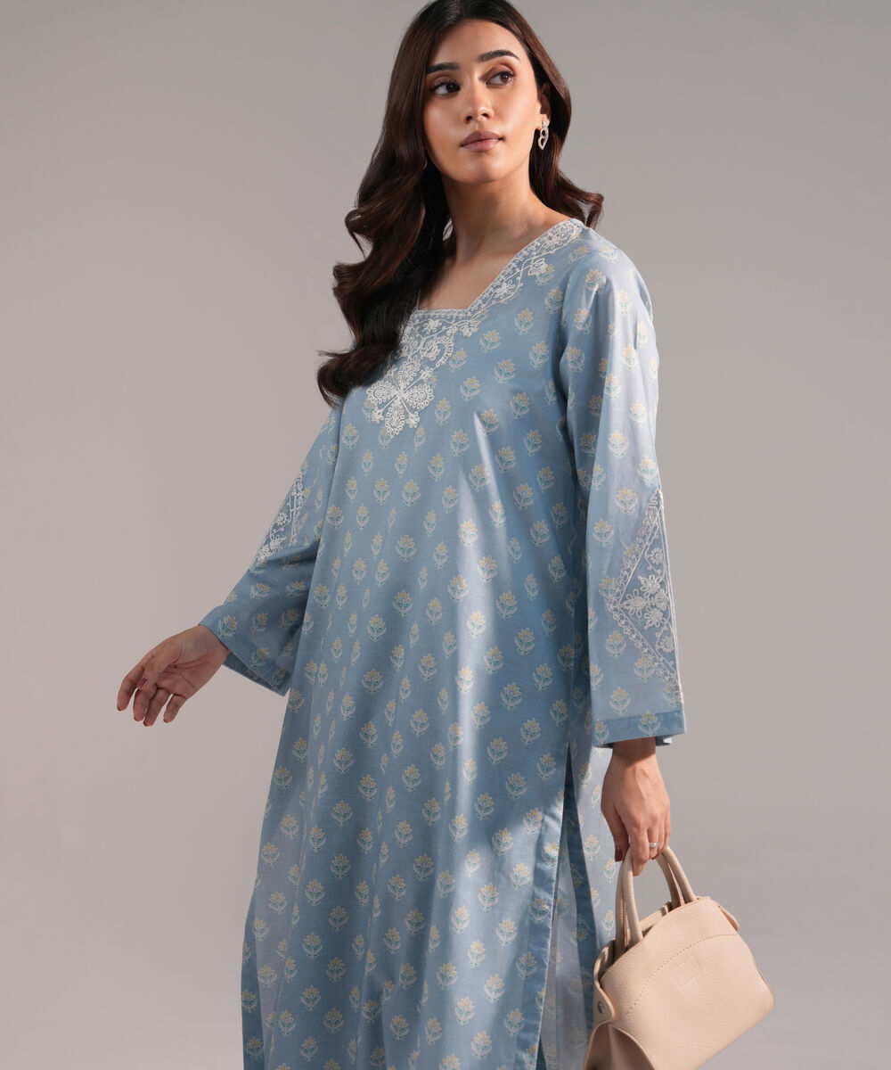 Women's RTW Slub Lawn Embroidered Blue Straight Shirt