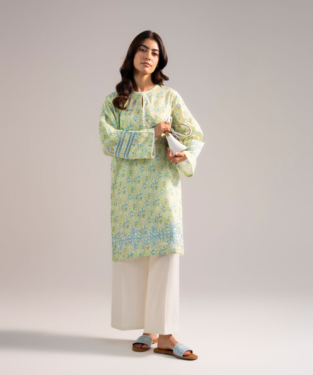 Women's RTW Lawn Embroidered Green Straight Shirt