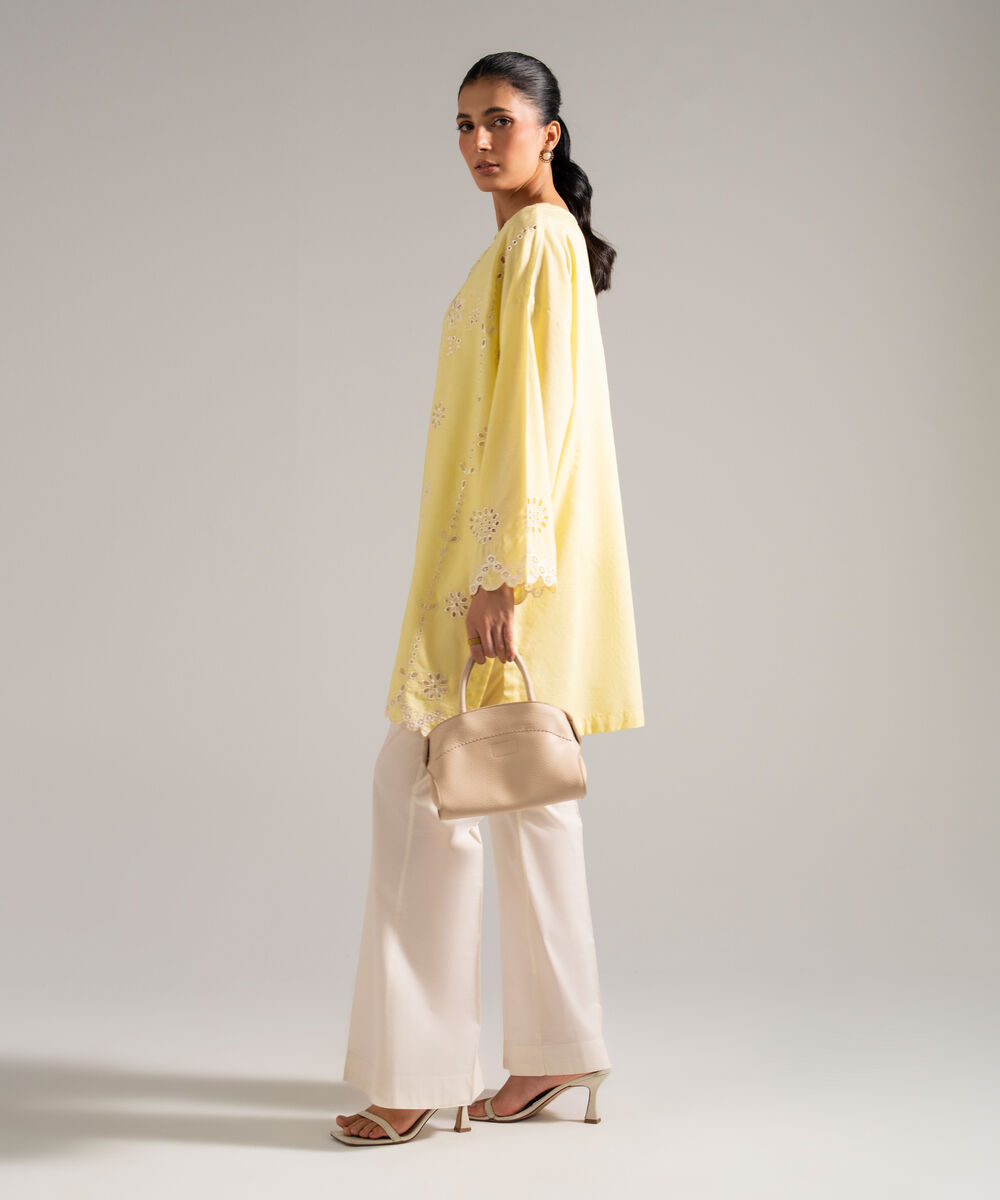 Women's RTW Dobby Embroidered Yellow Drop Shoulder Shirt