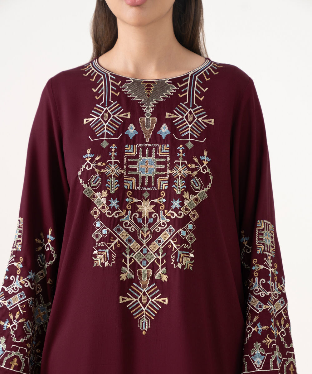 Women's RTW Bedford  Embroidered Maroon A-Line Shirt