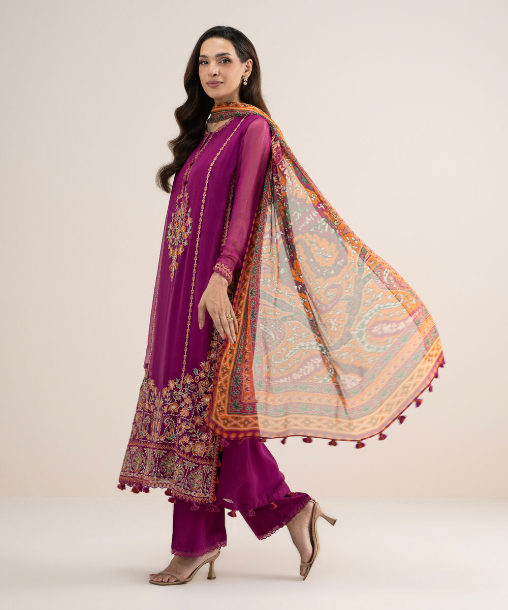 Women's Unstitched Embroidered Blended Chiffon Purple 3 Piece Suit