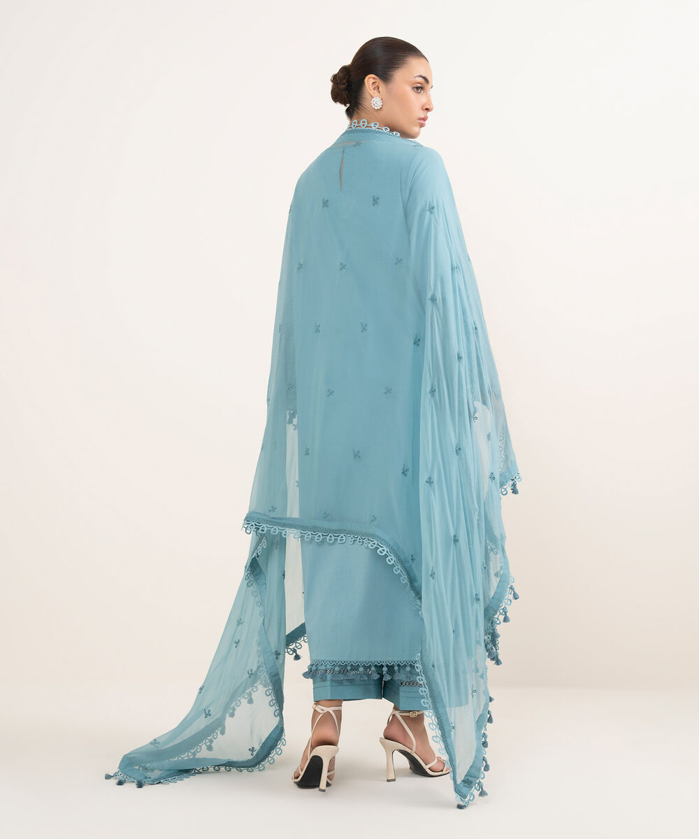 Women's Unstitched Lawn Embroidered Blue 3 Piece Suit