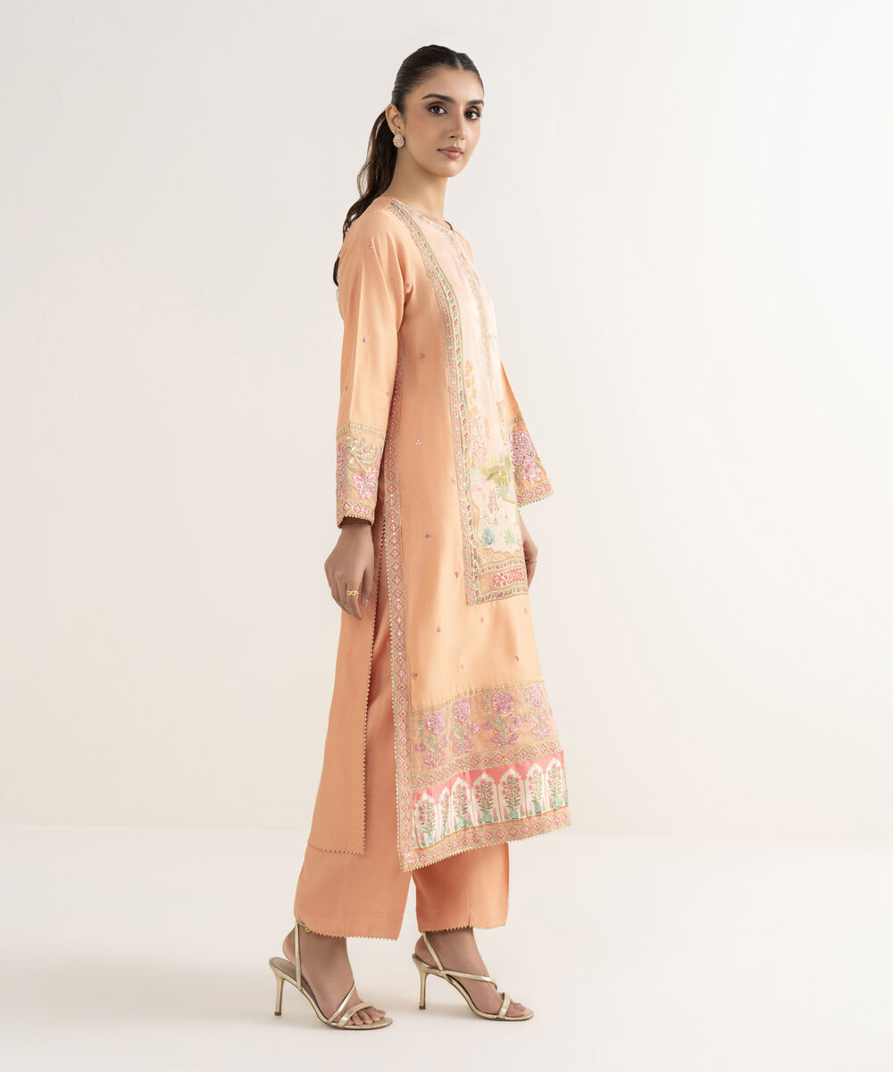 Women's RTW Silk Cotton Net Embroidered A-Line Orange Shirt