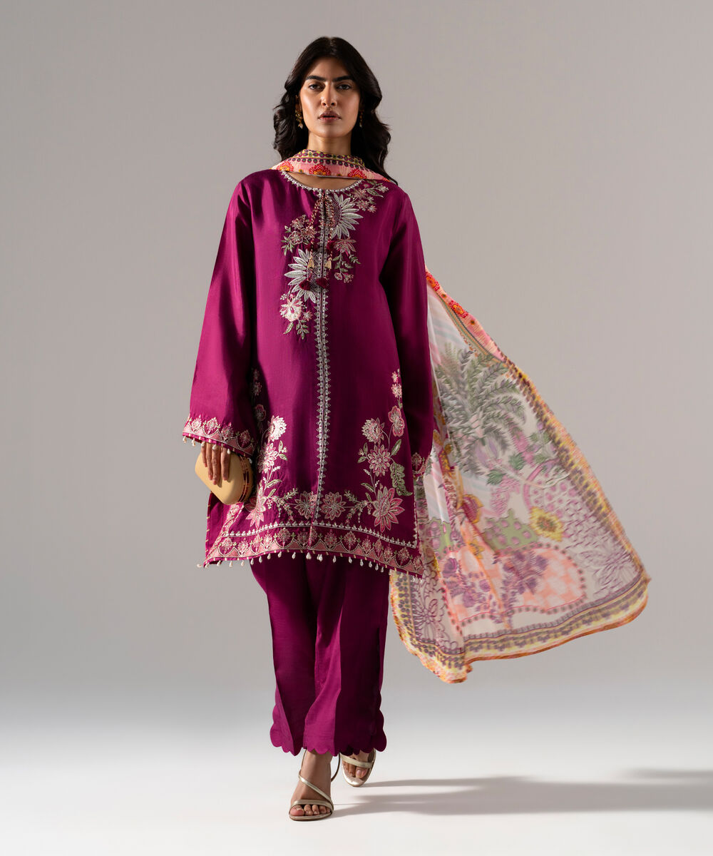 Women's RTW Solid Embroidered Plum Bright Raw Silk 3 Piece Suit
